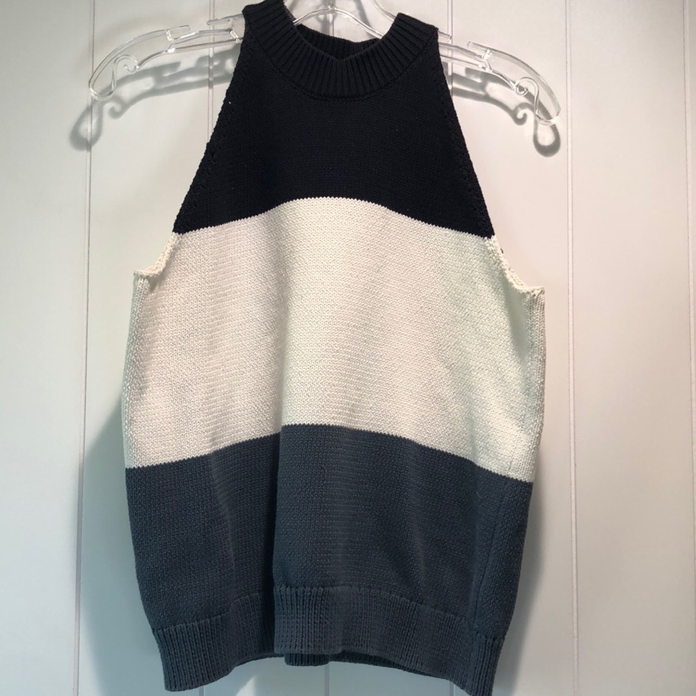 Ann Taylor sleeveless knit cotton halter top navy cream and grey green stripe LP